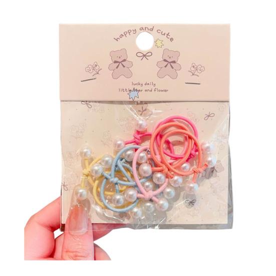 

10Pcs Hair Ropes High Elasticity Imitation Pearl Decor Bow Shape Hair Ties Mini Thumb Loop Design Soft Cloth Hair Accessories F