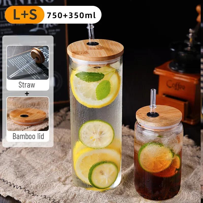 Drinking Cup Glasses with Bamboo Lid Juice Glass Straws Beer MugIce Coffee Mugs Cute Glasses Beer Jars Glasses Brush Drinkware