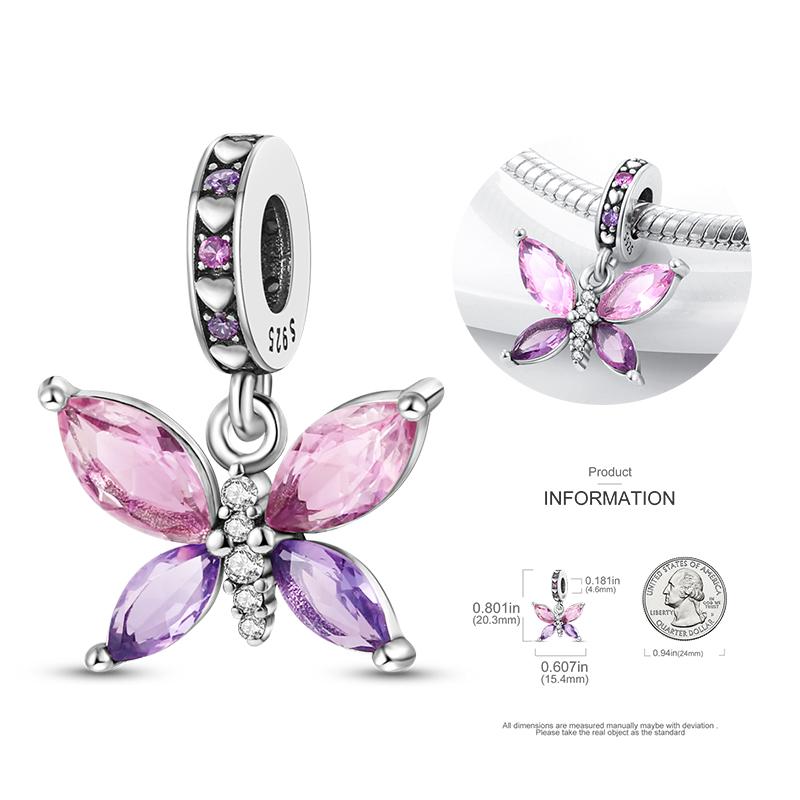 Original Charms Copper Blue & Yellow Glass Butterfly Dangle Charm Fits 3Mm Original Bracelet For Women Diy Jewelry Gifts