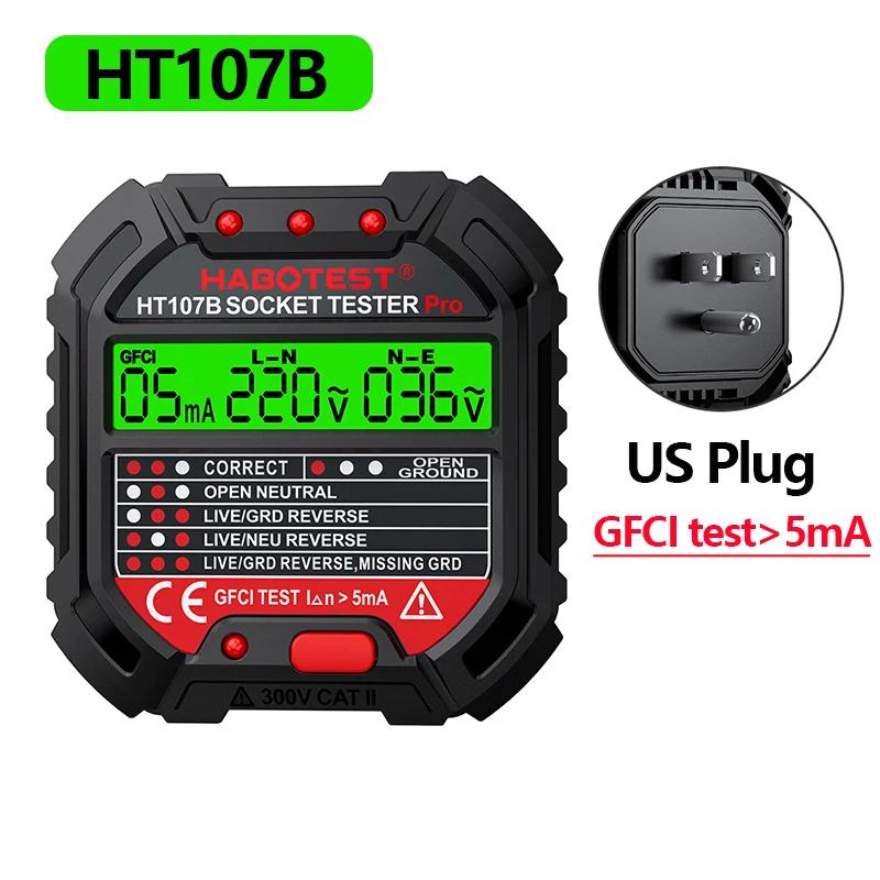 HT106/HT107 Digital Outlet Socket Detector Voltage Test Socket Testers US/UK/EU Plug Ground Zero Line Phase Check RCD NCV Tester