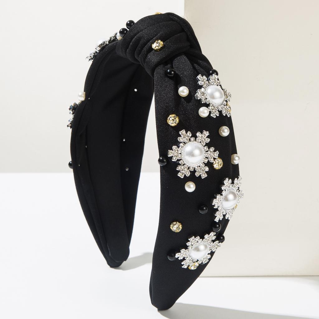 Women Christmas Snowflake Hairband Fashion Satin Studded with Rhinestone Pearls Headband Girls Party Hair Styling Accessories