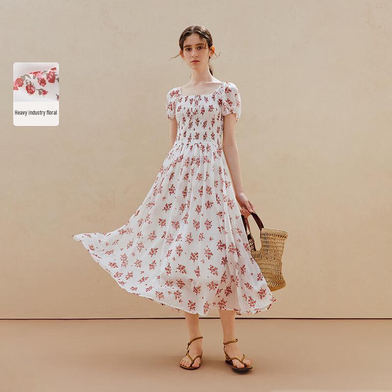 INMAN French Square Collar Floral Shirred Waist Puff Sleeve Dress S