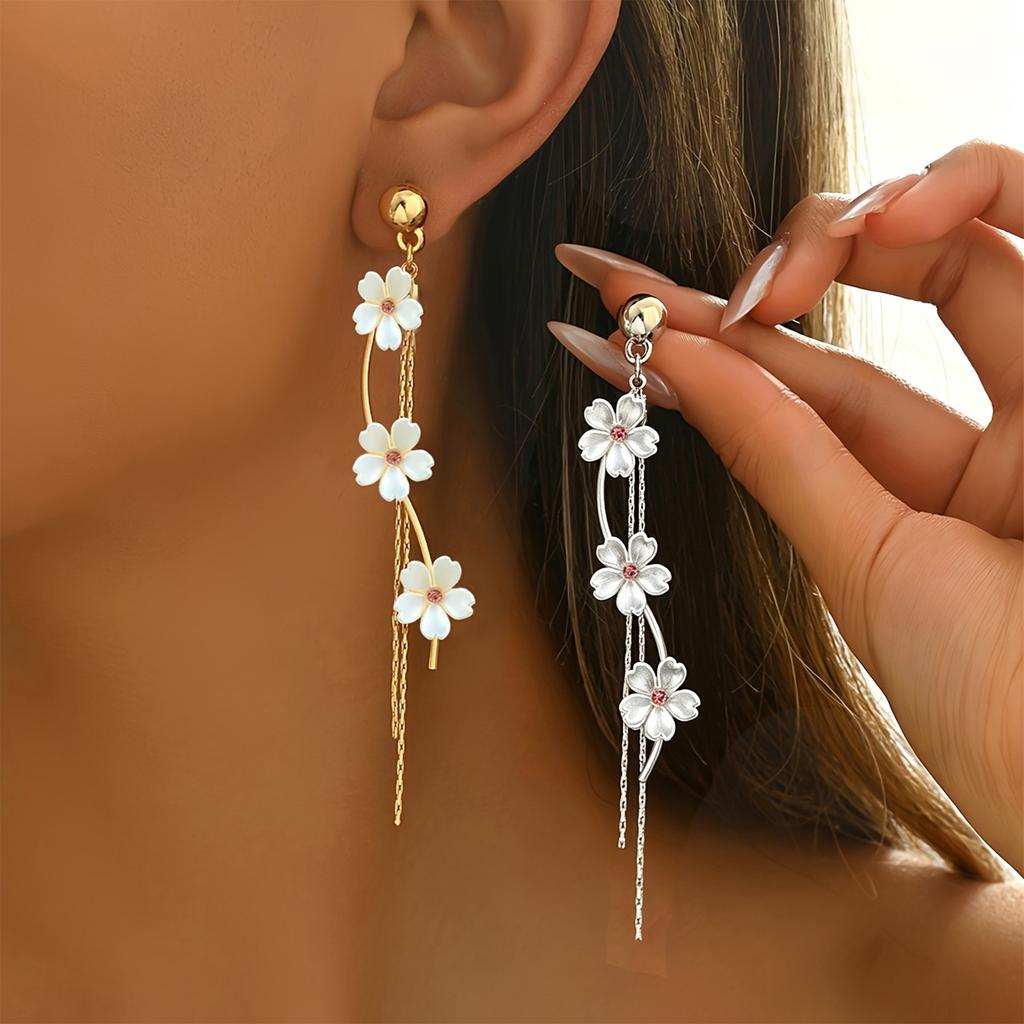 Floral Dangle Earrings with Long Tassels Lightweight Metal Alloy Stud Earrings for Women Elegant Design Fashion Jewelry Accessories