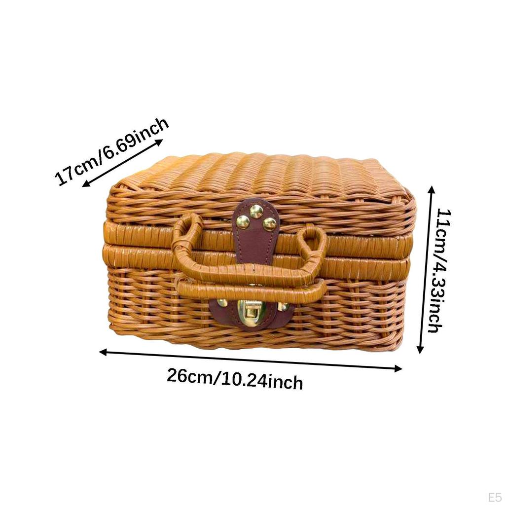 Imitation Rattan Storage Basket Handwoven Suitcase with Lid Woven Organizer Bin for Counter