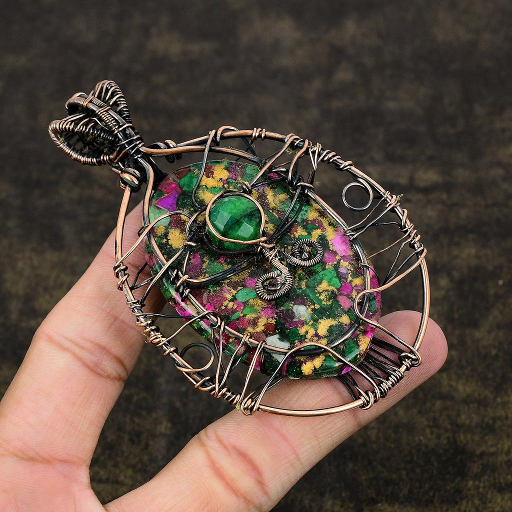 Copper Ruby in Zoisite  Ethnic Copper Wire Wrap Pendant 3.82" t6y44