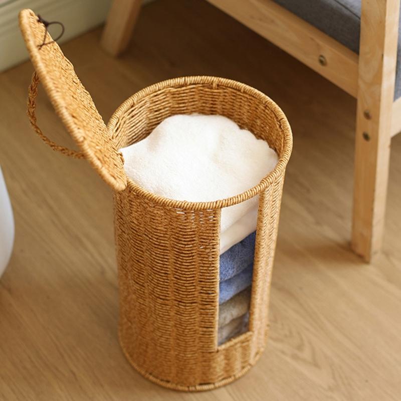Handgewebter Zylinder Aufbewahrungskorb Badezimmer Organizer für 3 Rollen Toilettenpapier Freistehendes Badregal Dekoration