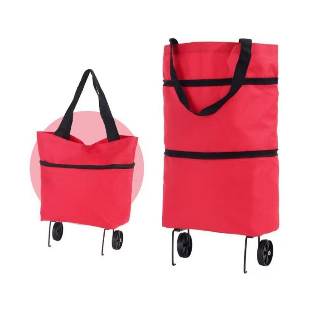 2 in 1 Foldable Shopping Bag with Wheel Oxford Cloth Shopping Trolley Handbag  Supermarket красный