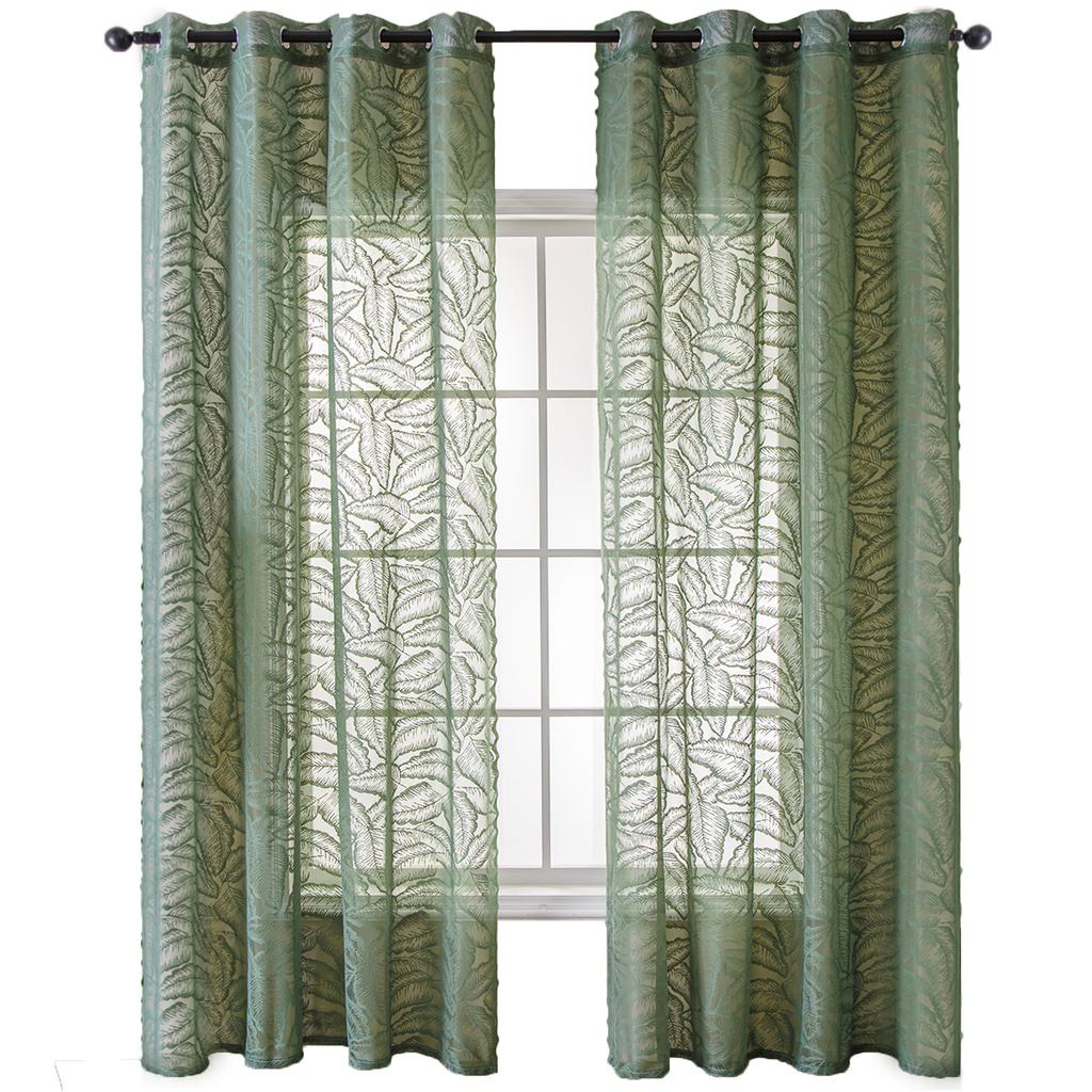 Modern Simple Small Fresh Green Big Leaves Household Curtains Bedroom Living Room Balcony Semi-Shading Shading Gauze Curtain Free