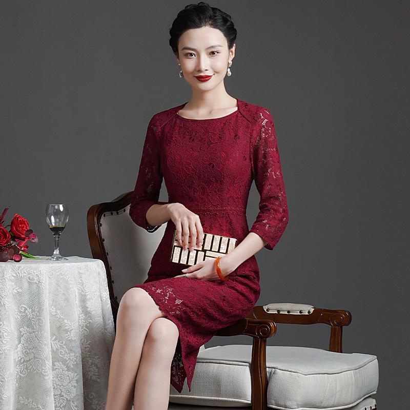 Summer 2023 Wine Red Lace Dress with Seven-Sleeve for Elegant Young Mothers