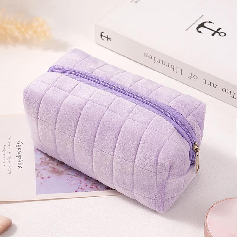 Velvet Plaid Makeup Bag Large Capacity Multi Purpose Travel Organizer For Cosmetics Brushes Toiletries Soft Portable Storage