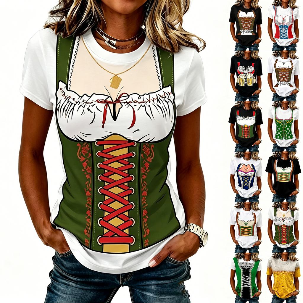 Women’s Casual Round Neck Short Sleeve Pullover T-Shirt with Festival Graphic Print Relaxed Fit Comfortable Style Top