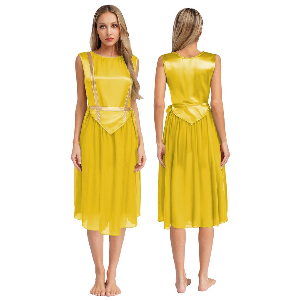 Womens Liturgical Dance Costume Round Neck Sleeveless Design Lace-up Sides Split Hem Satin Tunic