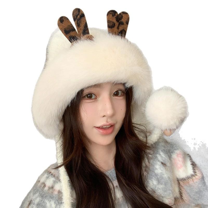 Thick Velvet Lei Feng Hat for Women In Autumn and Winter Cute Deer Antler Fur Ball Warm Ear Protection Hat Outdoor Cold Proof Plush Hat