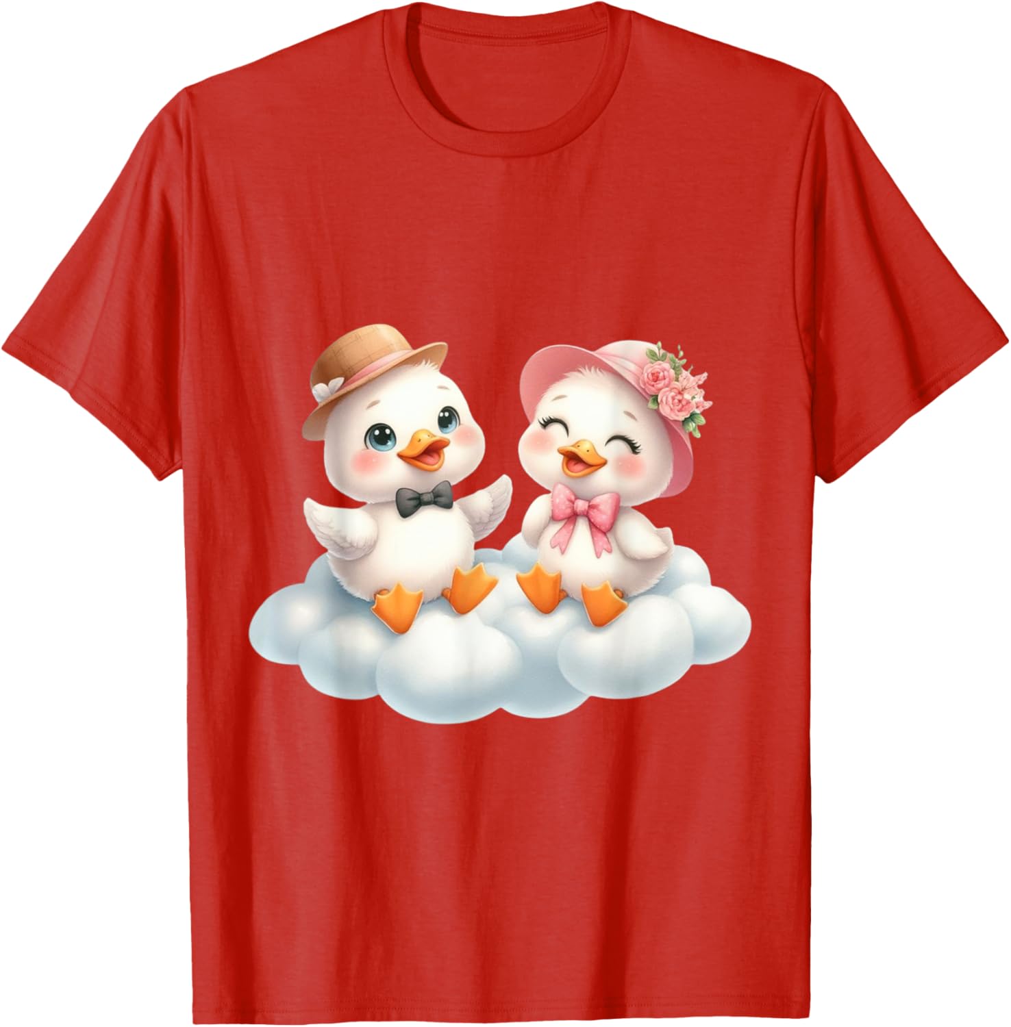 Cute Duck Couple Sitting on Cloud Graphic Print Cotton Casual Daily T-Shirt S