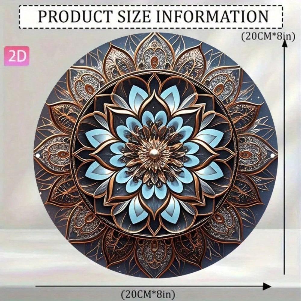 Tyrkysově modrá zlatá mandala kovové nástěnné umění 8x8 palců kulatá boho závěsná bezrámová dekorace do obývacího pokoje