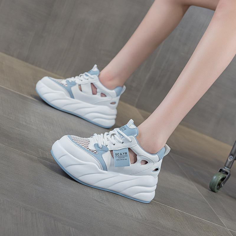 Thick-soled hollow white shoes women's 2025 summer mesh explosion casual fashion versatile hollow breathable heightening women's shoes