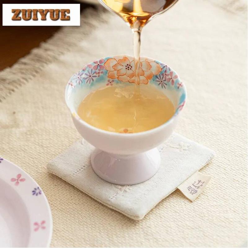 70ml Hand Drawn Flower Pink Beige High Foot Teacup Vintage Tea Bowl Cute Cup Tea-tasting Personal Cup Jianzhan Master Cups Craft
