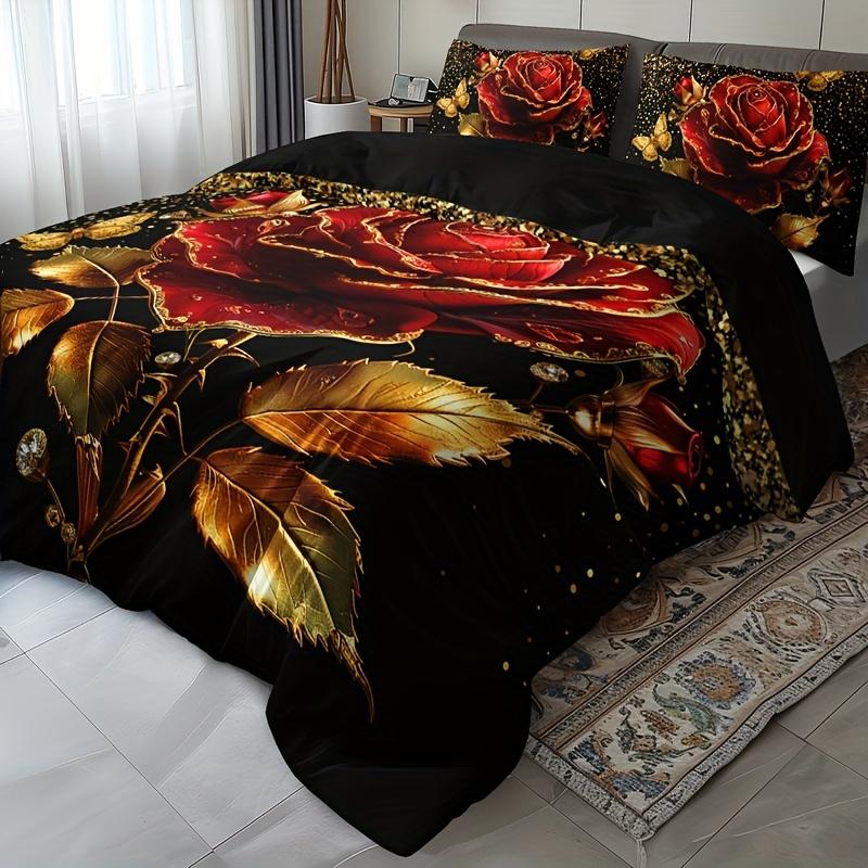 3Pcs Luxurious Golden Rose Duvet Cover Set - Includes 1 Duvet Cover & 2 Pillowcases Breathable Polyester