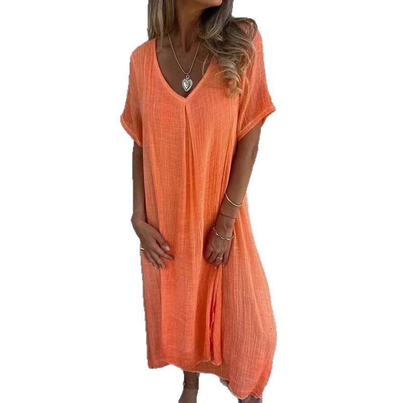 New European and American Cross-border Fashion Cotton and Linen V-neck Semi-formal Dress