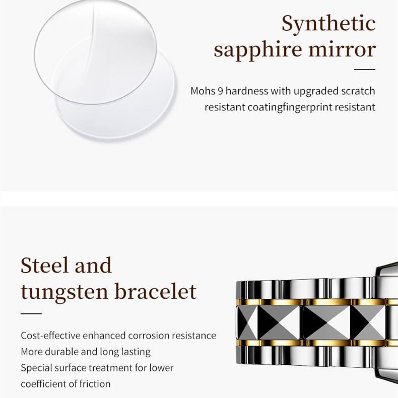 Nové dámské hodinky pro podnikání a volný čas JINSHIDUN Plně automatické mechanické hodinky Tungsten Steel Double Calendar Světelné vodotěsné špičkové hodinky