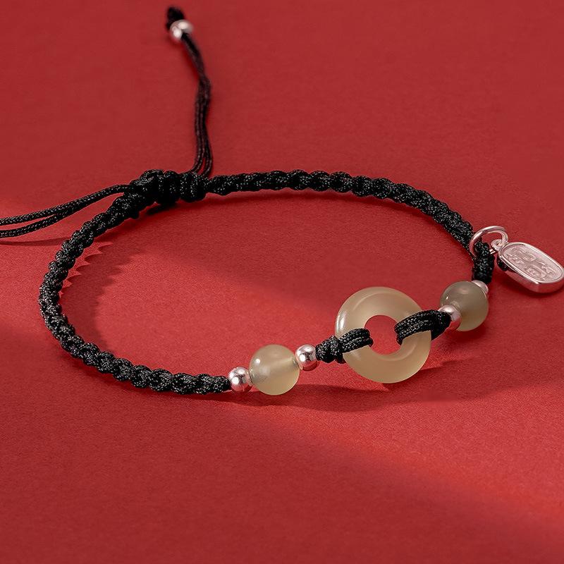 Authentic Hetian Jade Ping an Buckle Couple Bracelets with 925 Sterling Silver and Handwoven Rope