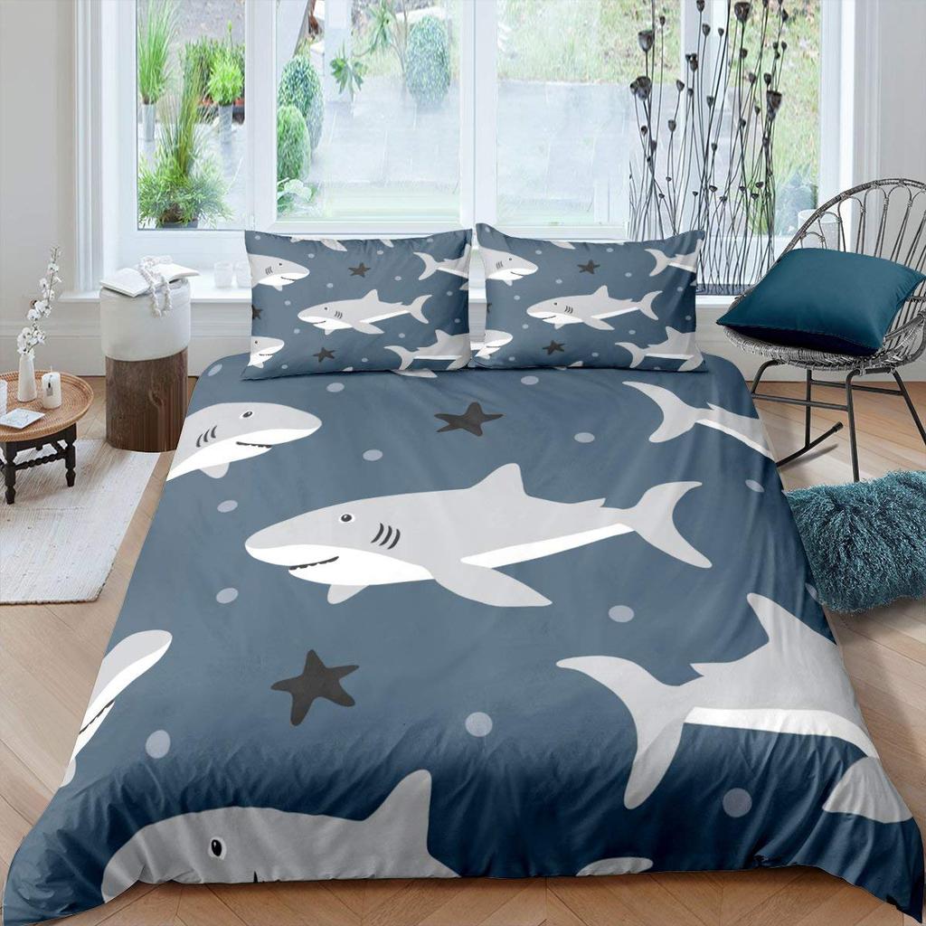 Cartoon Hai Königin Bettbezug Blaues Ozean Tier Thema Bettwäsche Set Für Kinder Jungen Mädchen Meeresleben 2/3tlg. Weicher Bettdeckenbezug