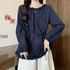Plus Size Ruffled Waist Long Sleeve Shirt - Women's Spring/Autumn Korean Style, Slimming and Elegant Top