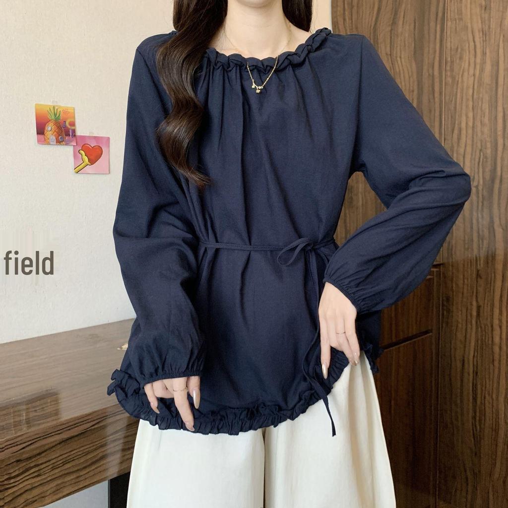 Plus Size Ruffled Waist Long Sleeve Shirt - Women's Spring/Autumn Korean Style, Slimming and Elegant Top