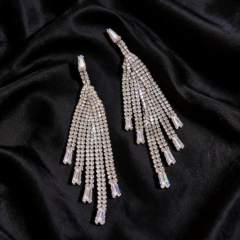 Silver Needle Luxury Zirconia Diamond Tassel Stud Earrings - Elegant European & American Design for Women