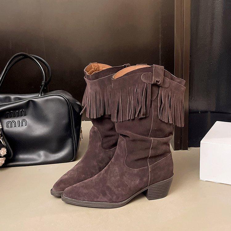 

Maillard ретро бахрома толстый каблук средняя голень ботинки Мартин женские 2025 новые осень и зима острый носок западные ковбойские ботинки короткие ботинки 42 темно-коричневого