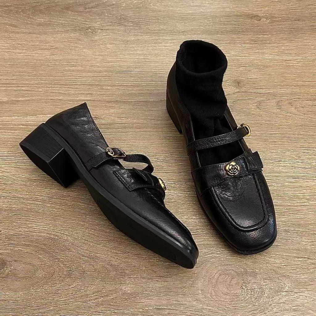 Soft Leather Version _ Soft Leather French Thick Heel Camellia Light Mouth Single Shoes Women's Spring New Retro Mary Jane Small Leather Shoes -