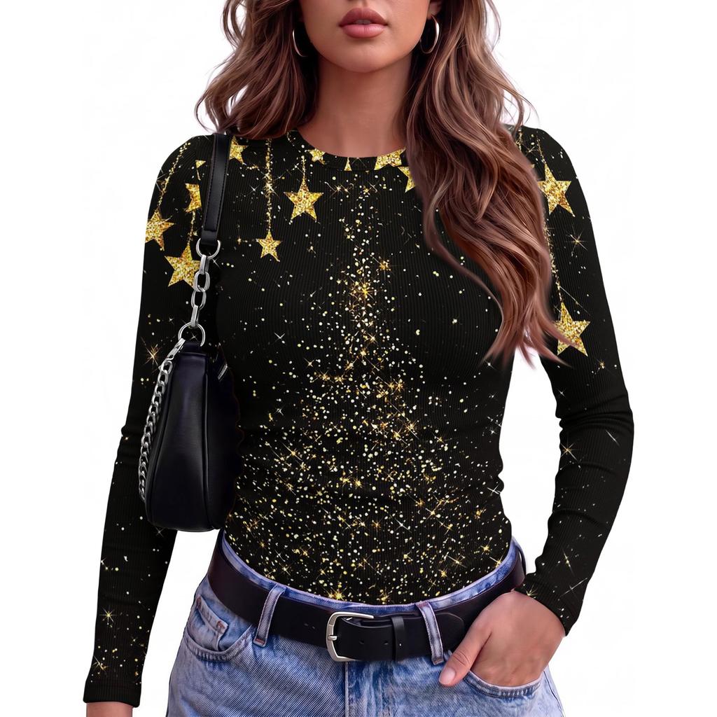 Women's Casual Slim Fit Long Sleeve Crewneck T-Shirt with Christmas Print for Holiday Party