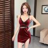 2026 Spring Velvet Nightclub Dress: Sexy Patchwork Bodycon with Slit