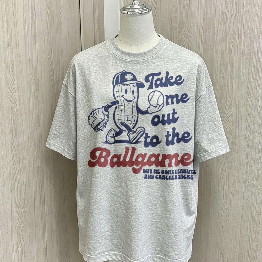 Baseball Graphic T Shirt Take Me Out To The Ballgame Cartoon Peanut Mascot Print Oversized Loose Cotton Short Sleeve Tee
