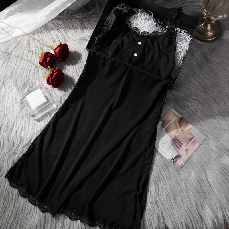 Women's Elegant Lace Trim Ribbed Nightdress Sleeveless V-Neck Button Decor Slip Dress Comfortable Sleepwear & Loungewear