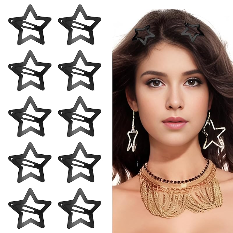 10 Pieces Metal Star Snap Hair Clips Silver Cute Small Hair Barrettes Non-slip Hollow Out Stars Hairclips for Kids Girls Women Hairpin Lovely Star