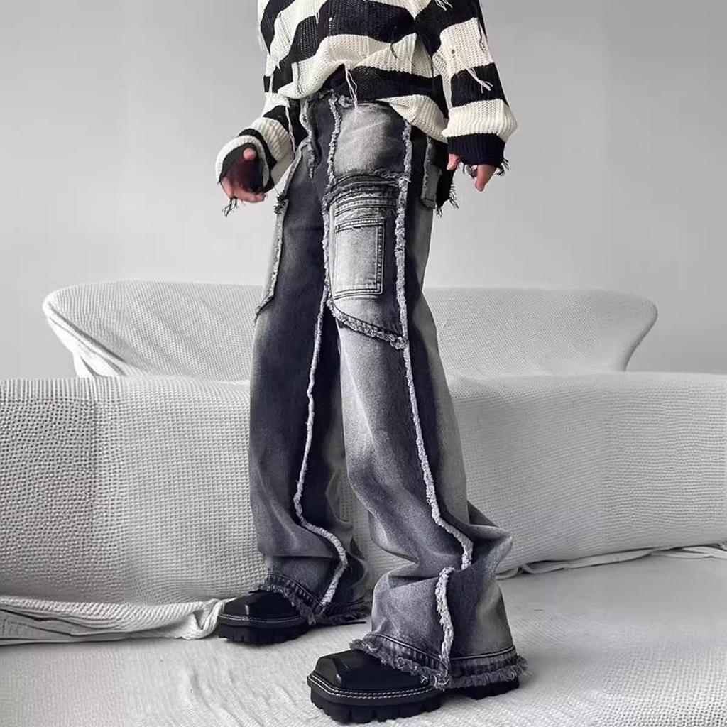 Men's Loose Straight Raw Edge Workwear Jeans for Autumn/Winter