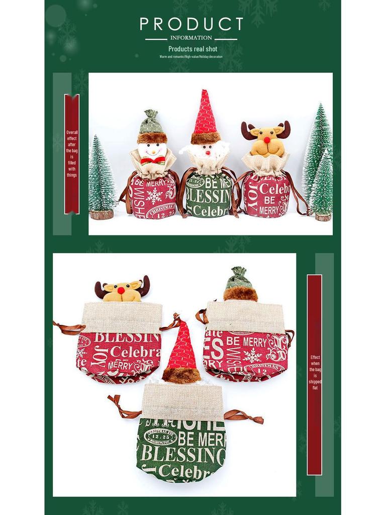 Weihnachts-Jutesäckchen mit Kordelzug und Zeichentrickfiguren - Schneemann, Alter Mann, Rentier und Apfel-Design für Kinder
