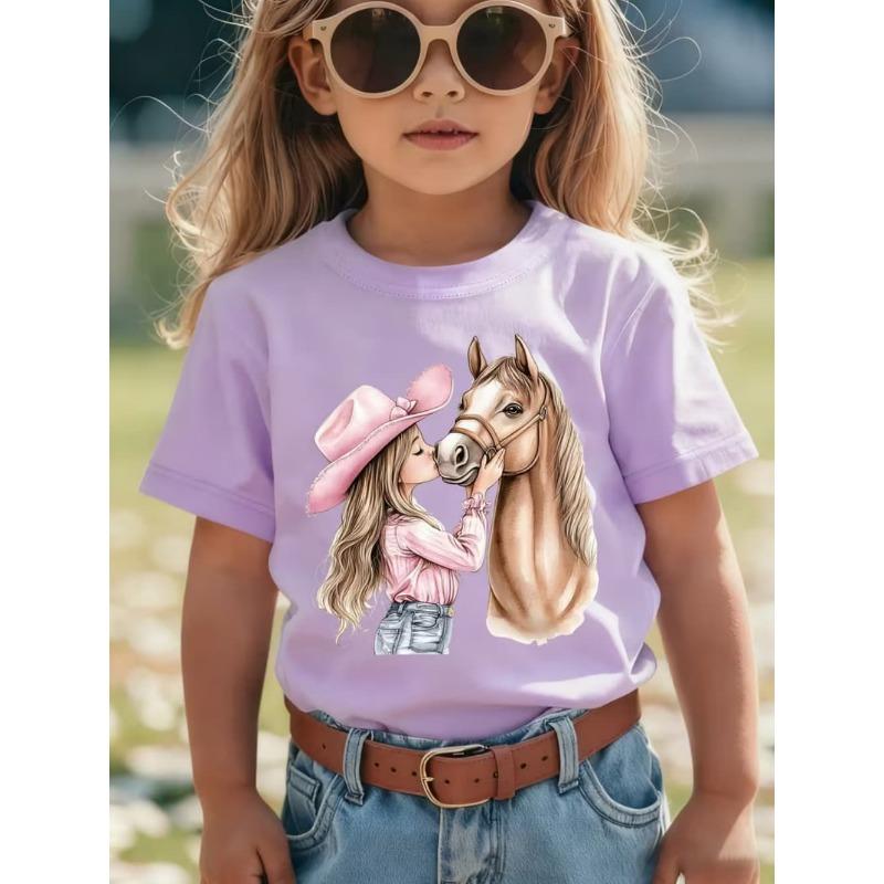 Vestiti per Bambina Ragazza Carina Baci Stampa Cavallo Estate Manica Corta Casual Larghi Top per Bambini T-Shirt per Ragazze da Esterno Abbigliamento per Bambini