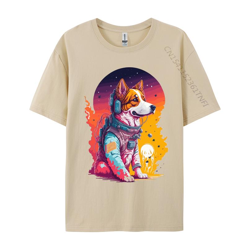 Hunde Astronauten Sonnenuntergang T-Shirt Druck Premium Baumwolle Rundhals Herren T-Shirts Hundeshirt Für Jungs Grafikshirts Herren