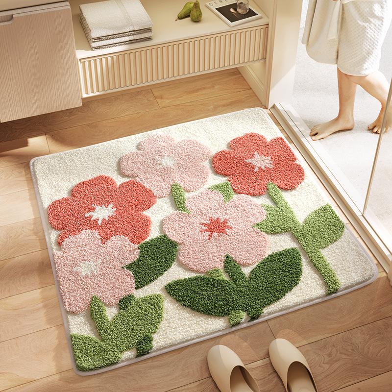 Tufting Square Bathroom Mat Floral Plants Bathmat Living Room Carpet Bedside Rug Soft Bedroom Floor Pad Aesthetic Home Decor