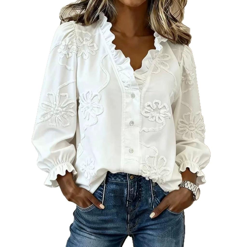 New European and American women's long-sleeved embroidered ruffle shirt
