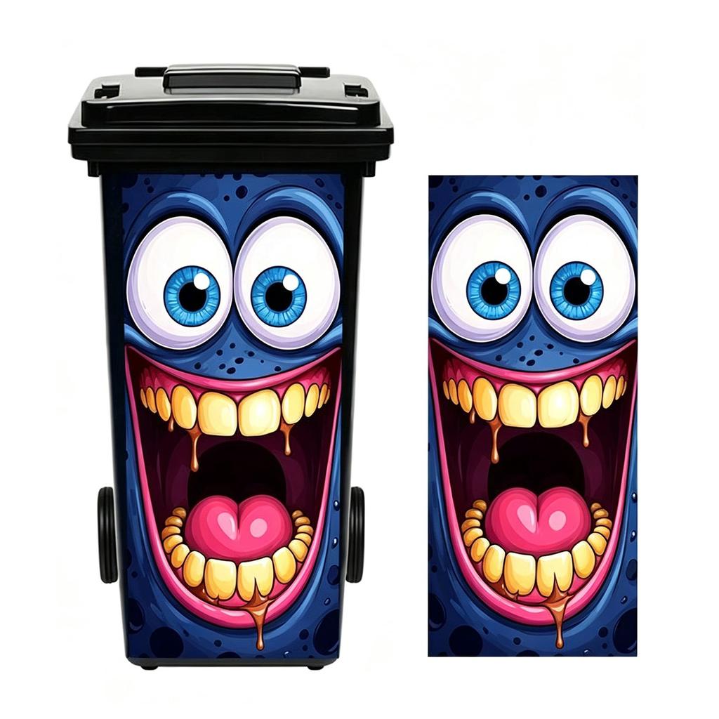 Cartoon Monster Trash Can Sticker Funny Face Wheeled Bin Decal Matte Flat Print Outdoor Indoor Adhesive Large
