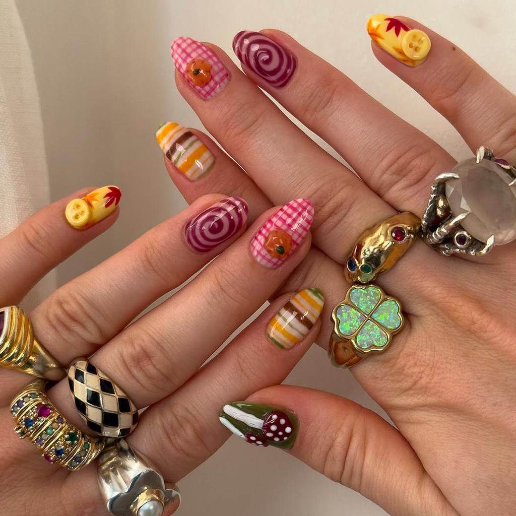 24PCS Playful Retro Almond Stick on Fake Nails Colorful Swirl Stripes with Checkered Patterns Short Oval False Nails Sweet Cool