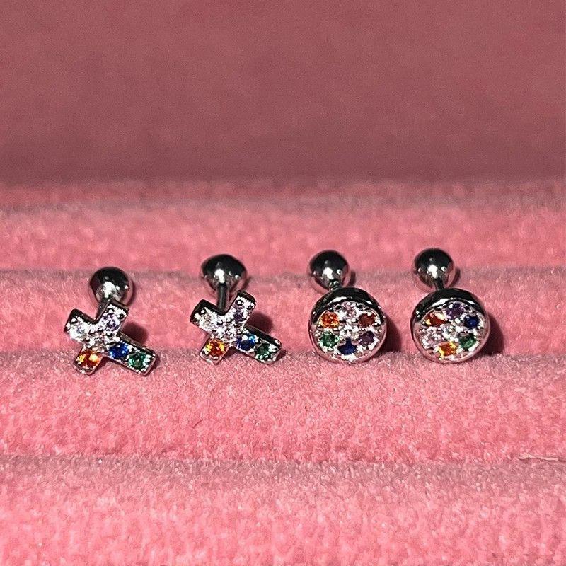 Colored Metal Stud Earrings Cross Round Design Stud Earrings Simple And Versatile Niche Earrings
