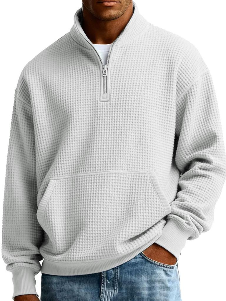 Men's American-Style Zipper Waffle Knit Hoodie - Solid Color, Loose Fit