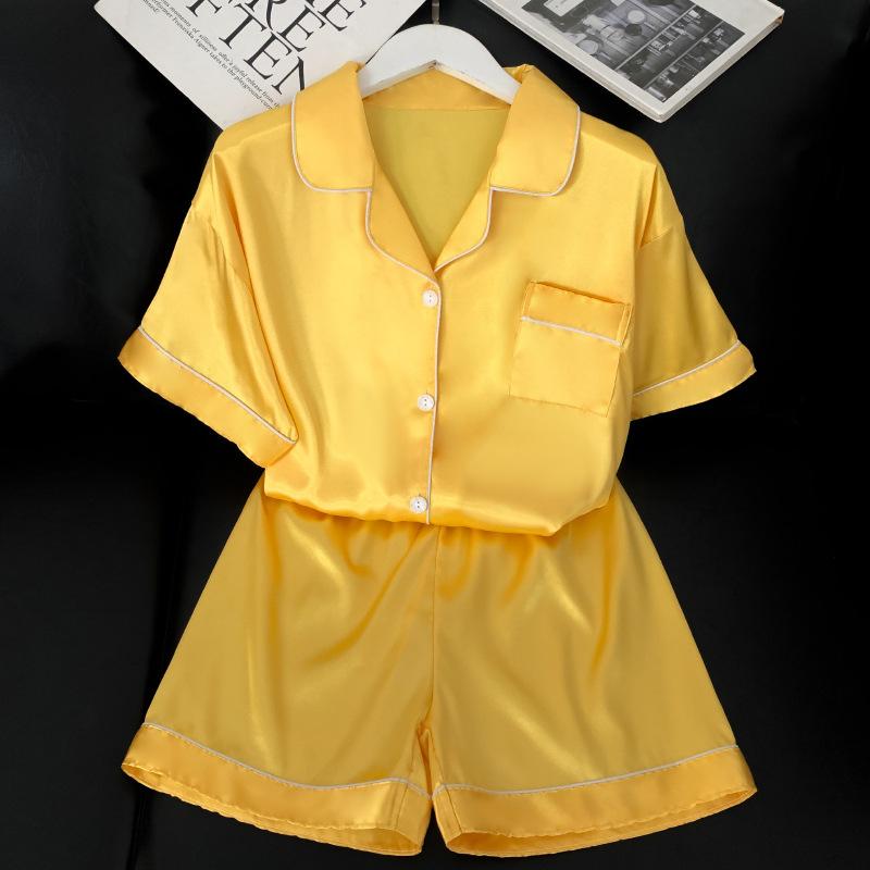 Solid Color, High-End Sense Of Vitality, Yellow Temperament, Fashionable Ice Silk Pajamas, Women'S Summer Short-Sleeved Suit, Loungewear
