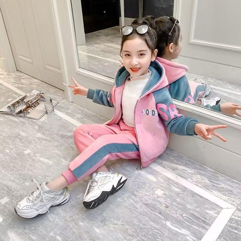 Girls' Gold Velvet Sweater Plus Velvet Thickening Girls Spring, Autumn and Winter Casual Sportswear Children's Double-sided Velvet Two-piece Suit