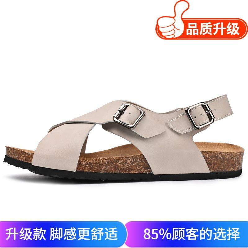 Lazy pedal cork slippers outside wearing high-end casual leather surface retro open-toed lazy foot cover Boken sandals