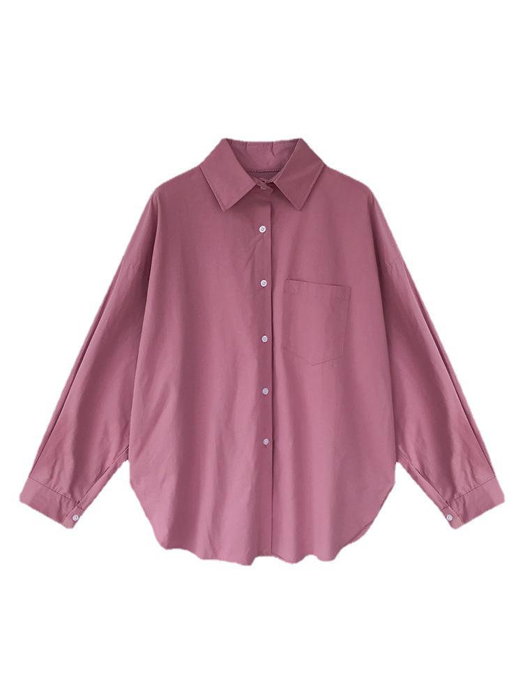 Korean Plus Size Solid Color Blouse for Women - Simple, Slimming, Loose Fit, 2026 Spring/Autumn Collection